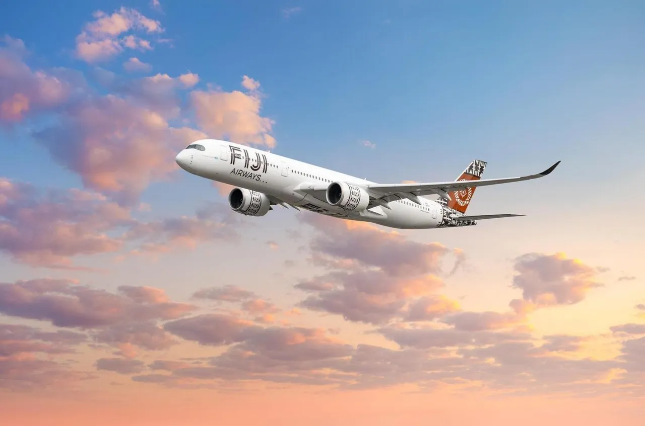 Fiji Airways aircraft in the evening sky